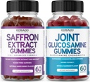 Saffron (60 Gummies) Premium 5 in 1 Formula avansata - Aroma de zmeura delicioasa si Suplimentul comun Glucosamine Chondroitin (60 Count) Suplimente comune pentru barbati si femei - Vegan Safe & Made in USA