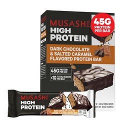 MUSASHSHI High Proteine Bar, 45g Proteine, <1g Total Zaharuri, Ciocolata Intunecata & Sarata Caramel, Post Workout si Proteine Snack On The Go, 12 Pachet de 3.2oz (90g) Baruri