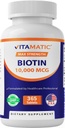 Vitamatic Biotin 10000 mcg (10 mg) pentru păr mai puternic, piele & unghii - 365 comprimate Vegan- de asemenea, numit vitamina B7
