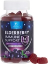 Gume de soc cu vitamina C, D3 si zinc - Suport imun Gummy pentru copii si adulti, Extract negru de soc Gummy Supliment Immune Health Supplement, Negru Elder Berry Vitamina - 60 Gummies