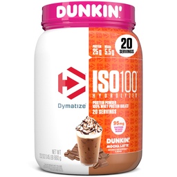 Dymatize x Dunkin' Mocha Latte ISO100 Whey Proteine Pulbere, 95mg Cafeina, 25g de proteine, 5,5g BCAAs, 120 Cal., Gluten Free, 1g Fat, 1g Zahăr, 3g Carb (20 Serviri)