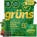 Gruns Adult Super Greens Multivitamine Gummies, Superfood Gummy Vitamine pentru femei și bărbați cu Spirulina, Chlorella, Adaptogens & Prebiotic Fiber pentru Digestive Health (28 Conte)
