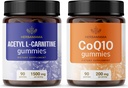 HERBAMAMA L-Carnitină și CoQ10 Kit - Bundle de 1500 mg Acetil L-Carnitină & 200 mg Cozyme Q10 Gummies - Vegan, Non-GMO, Gelatină-Free - 2 Pack