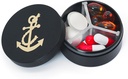 Caz pilula mica 3 Compartimente, Metal Round cutie pilula portabila, rezistent la apa Organizator de pastile de călătorie, Pocket Purse Medicine Detinator de vitamine EDC Container (Negru cu Ancora)