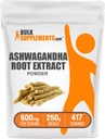 BulkSupplements.com Ashwagandha Root Extract pulbere - Ashwagandha Supliment, Herbal Supplement - Vegan & Gluten gratuit, 600 mg per Serving, 250g (8,8 oz) (Pachet de 1)