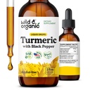 Lichid cu adaos de turmerie salbatica si organica - Suport comun - Curcumina turmerica cu extract de piper negru - Picaturi de root Curcumin - Vegan, zahar si tinctura fara alcool - 2 fl oz