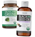 Super Greens & Black Seed Oil (3-Month Supply) Ulei din plante Blend Bundle of Organic Super Greends Powder - Superfood complet (180 capsule) & Organic Black Seed Oil Liquid - Rece presat (8 fl oz)