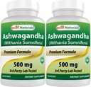 Cel mai bun Naturals 2 Pack capsule Ashwagandha pentru relaxare stres și stare de spirit, 500 mg, 120 Număr total 240 capsule