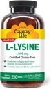 Country Life L-Lysine 1000mg cu B-6, Sprijină Immune Health, Promovează Colagen Reînnoirea în buze și gură, 250-Count, Certified Gluten Free, Certified Vegan