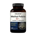 NatureBell metil Folate 15mg - 240 capsule - 5-MTHF cu metil B12-15mg L-metilfolat & 1000mcg Vitamina B12 - Suplimentul de suport energetic și cognitiv * - Gluten-free & non-GMO