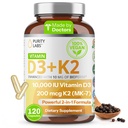 Puritate Labs Vitamina D3 K2 10000 UI, (250mcg) D3 + 200mcg K2 MK7 - Suplimentul de suport imun îmbunătățit cu Bioperina - Suplimente pentru apărare zilnică, oase, mușchi și sănătatea pielii - 120 capsule