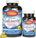 Carlson - Cod Oil Oil Gems, 460 mg Omega-3s + Vitamine A & D3, ulei de ficat de cod arctic, capsule nordice de ulei de pește, Lemon, 180 Softgels