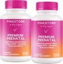 Vitamina prenatală Pink Stork Premium pentru femei - Multivitamine & Probiotice - Boala de dimineață, Digestia, & Energie - Folate, B6, & Fier - 60 Capsule - 2 Pack
