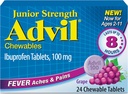 Advil Junior puterea Chemable Ibuprofen durere Relieiver și Reductor de febră, Ibuprofen pentru copii pentru ameliorarea durerii, struguri - 24 comprimate