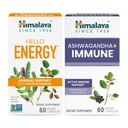 Himalaya Hello Energy cu Ashwagandha pentru suport adrenal & Daily Energy și & Ashwagandha + Imun cu vitamina C pentru suport imunitar activ, 60 capsule fiecare - Bundle